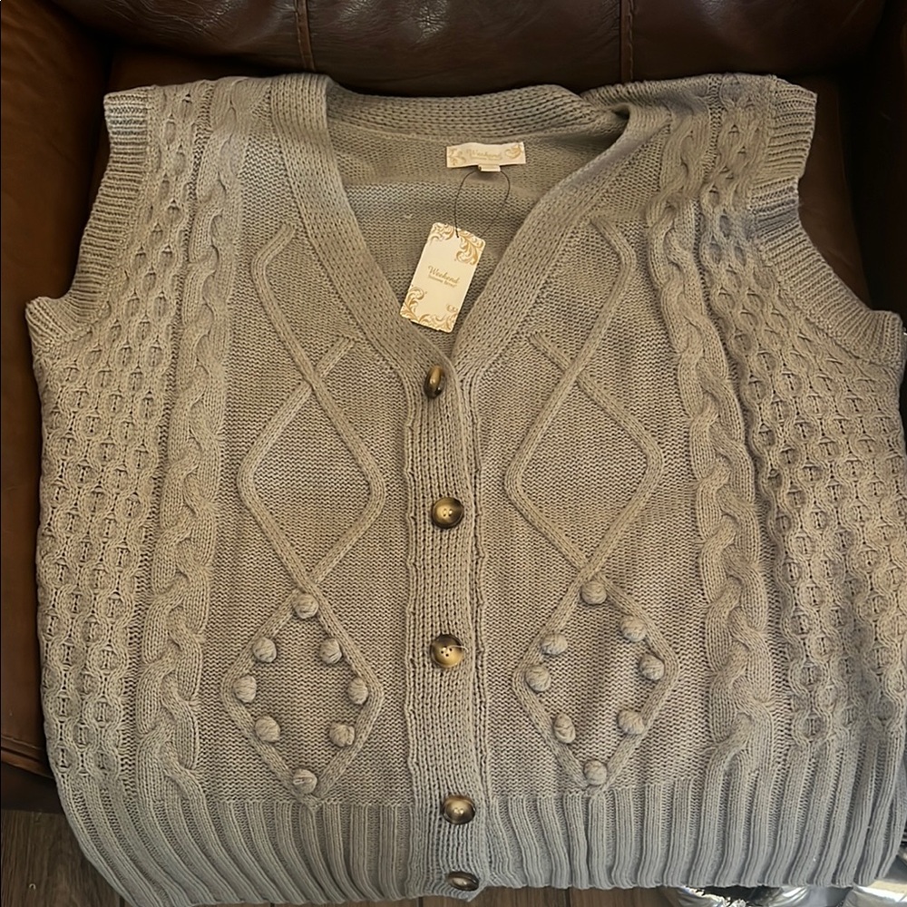 Gray Cable Knit Button-Up Sweater Vest